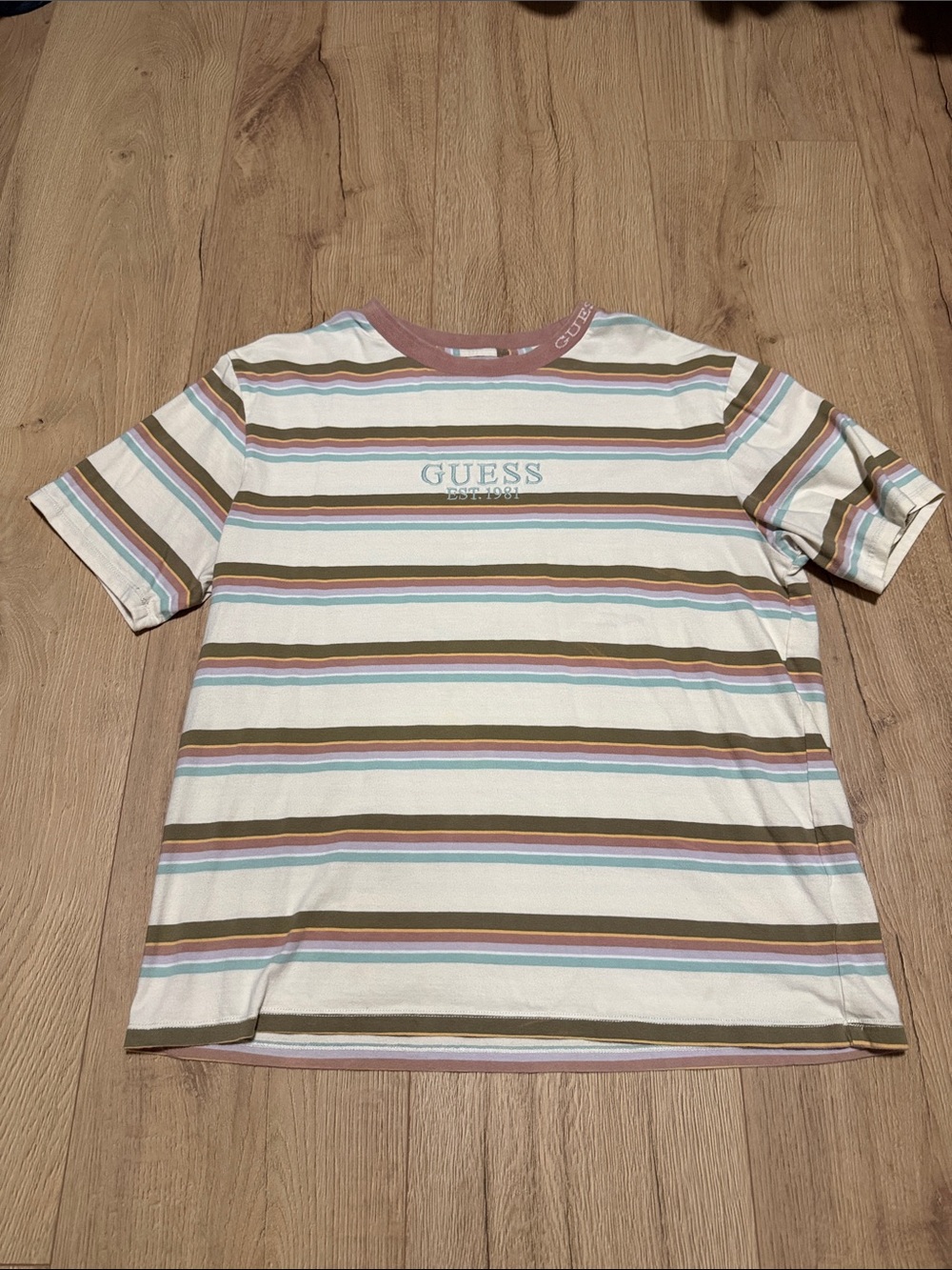 GUESS Cream Striped Short Sleeve Tee with Pastel Accents